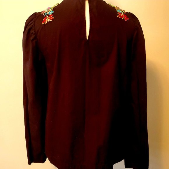 Gorgeous Colourful Bejewelled Applique Modest Blouse Black Long Puff Sleeve 8 - Picture 5 of 9